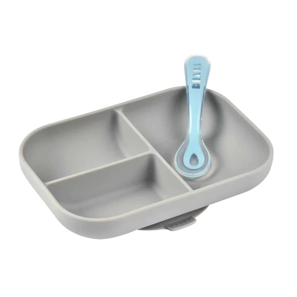 Beaba Silicone Suction Divided Plate and Spoon - Grey