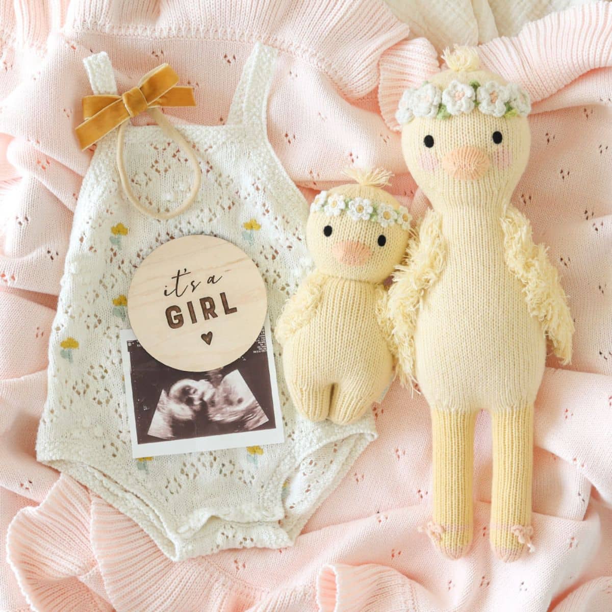 Cuddle + Kind Hand-Knit Doll - Baby Duckling (ivory floral)'