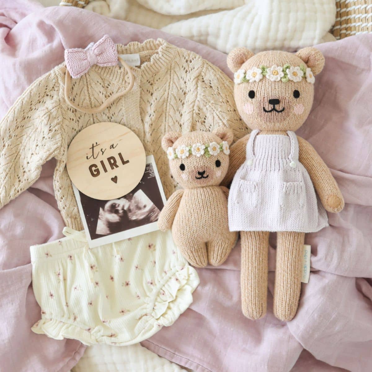 Cuddle + Kind Hand-Knit Doll - Baby Honey Bear (ivory floral) 