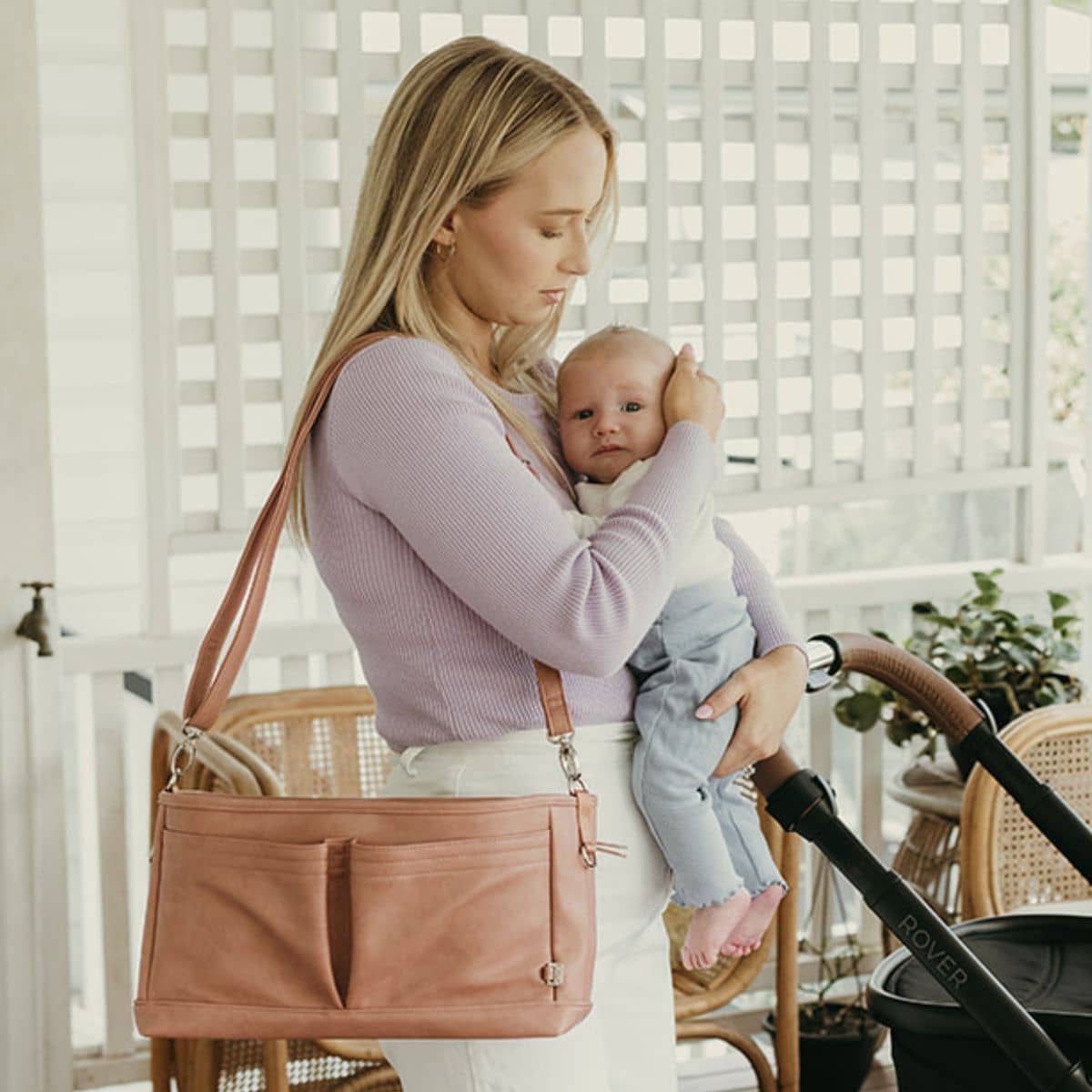 OiOi Faux Leather Stroller Organiser/Pram Caddy - Dusty Rose