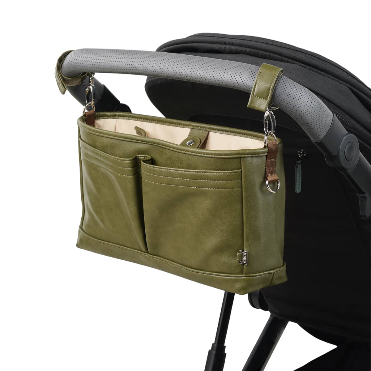 OiOi Faux Leather Stroller Organiser/Pram Caddy - Olive