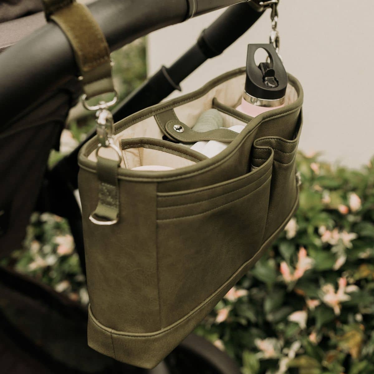 OiOi Faux Leather Stroller Organiser/Pram Caddy - Olive