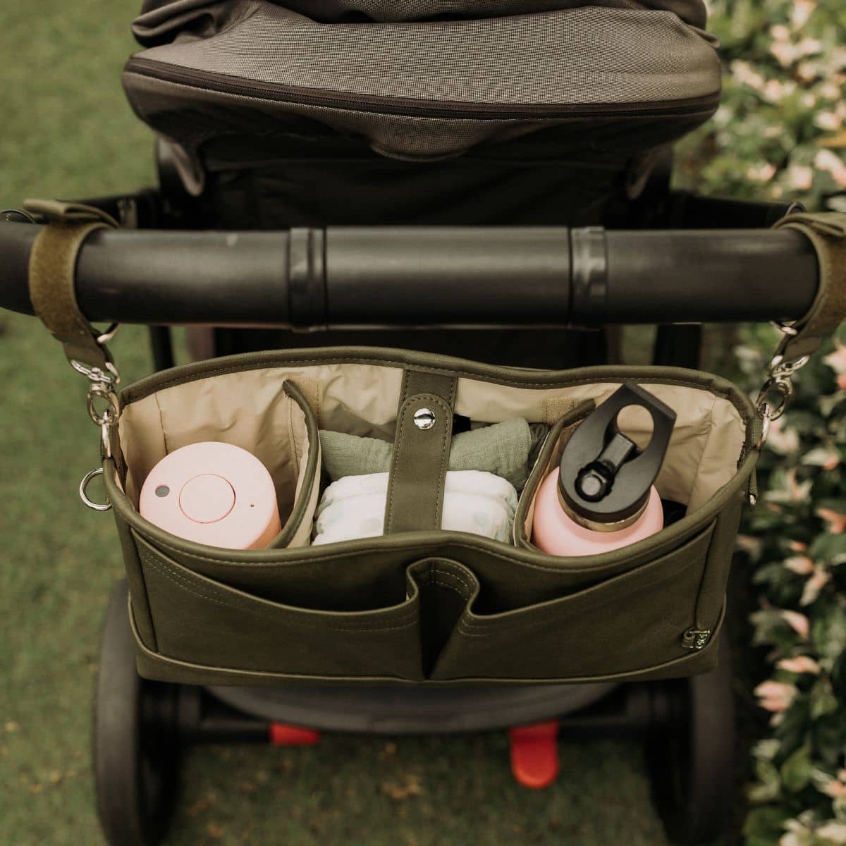 OiOi Faux Leather Stroller Organiser/Pram Caddy - Olive