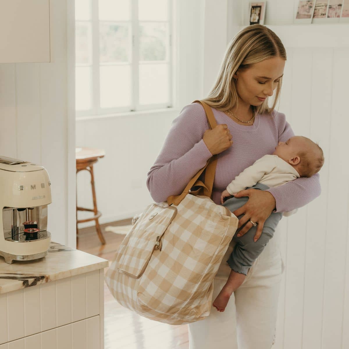 OiOi Fold Up Tote - Gingham Beige