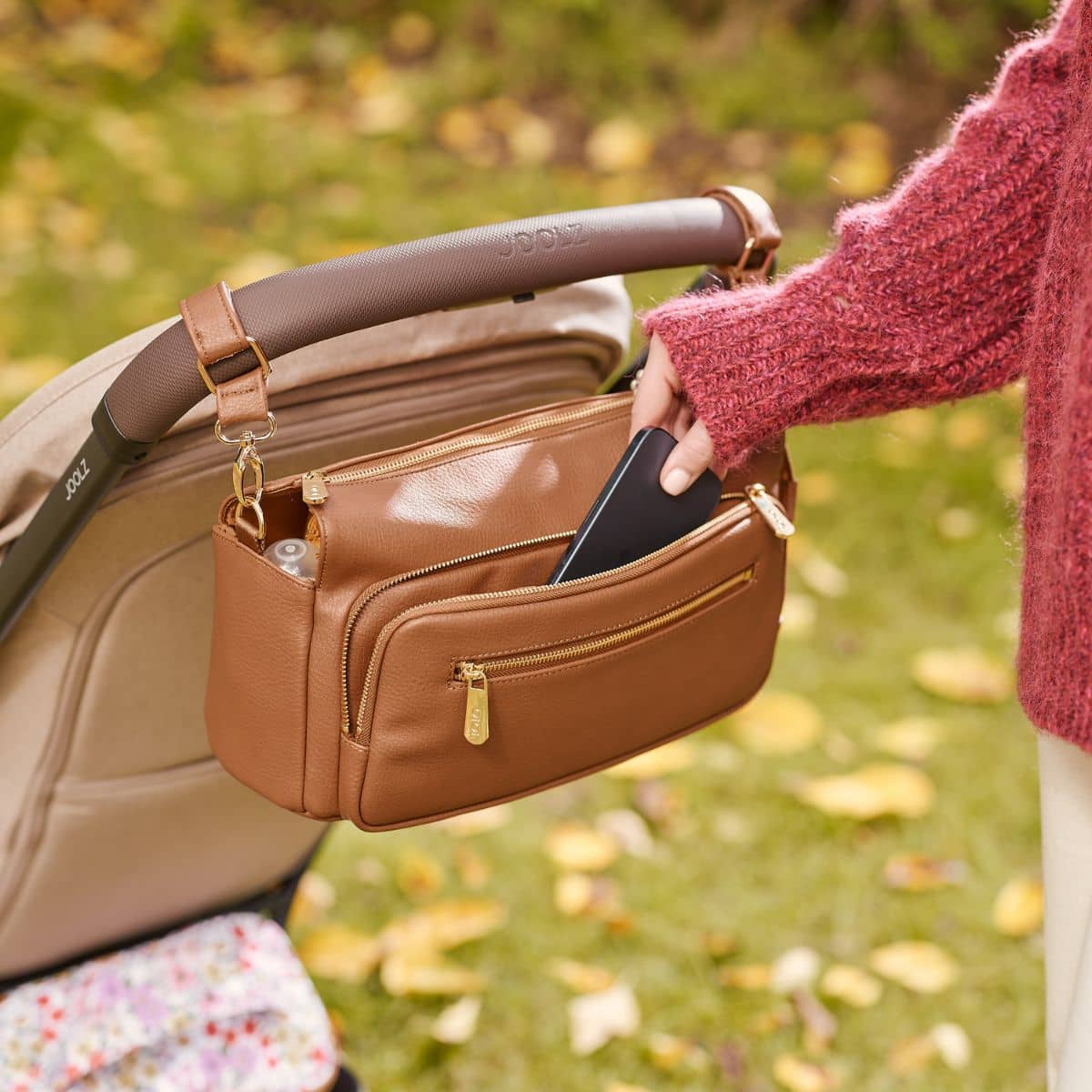 OiOi Vegan Leather Multitasker Pram Caddy - Chestnut