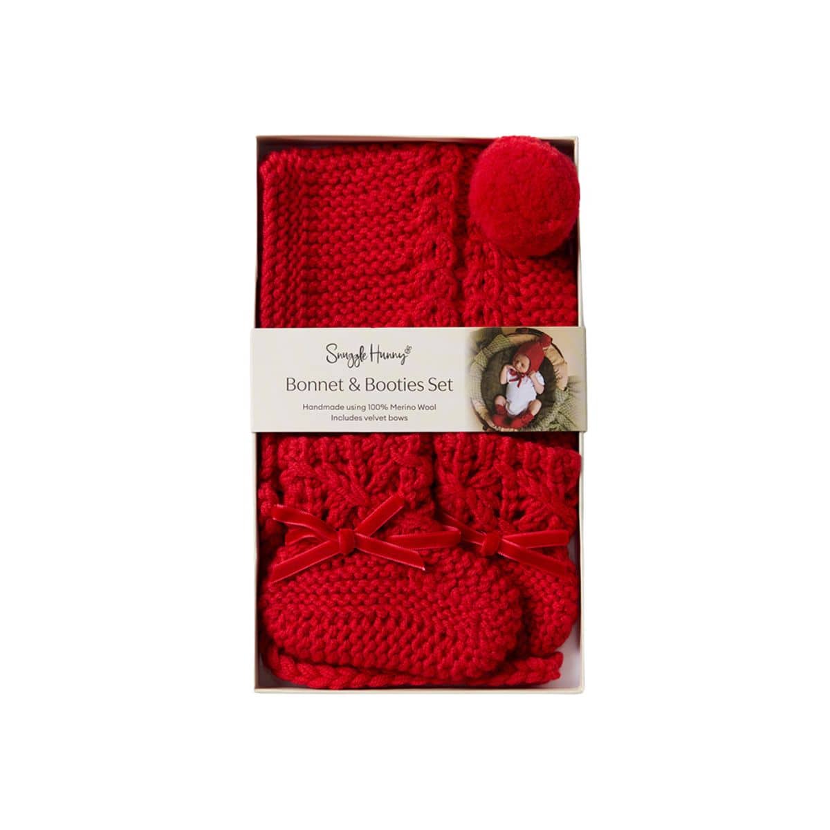 Snuggle Hunny Merino Wool Bonnet + Booties - Red