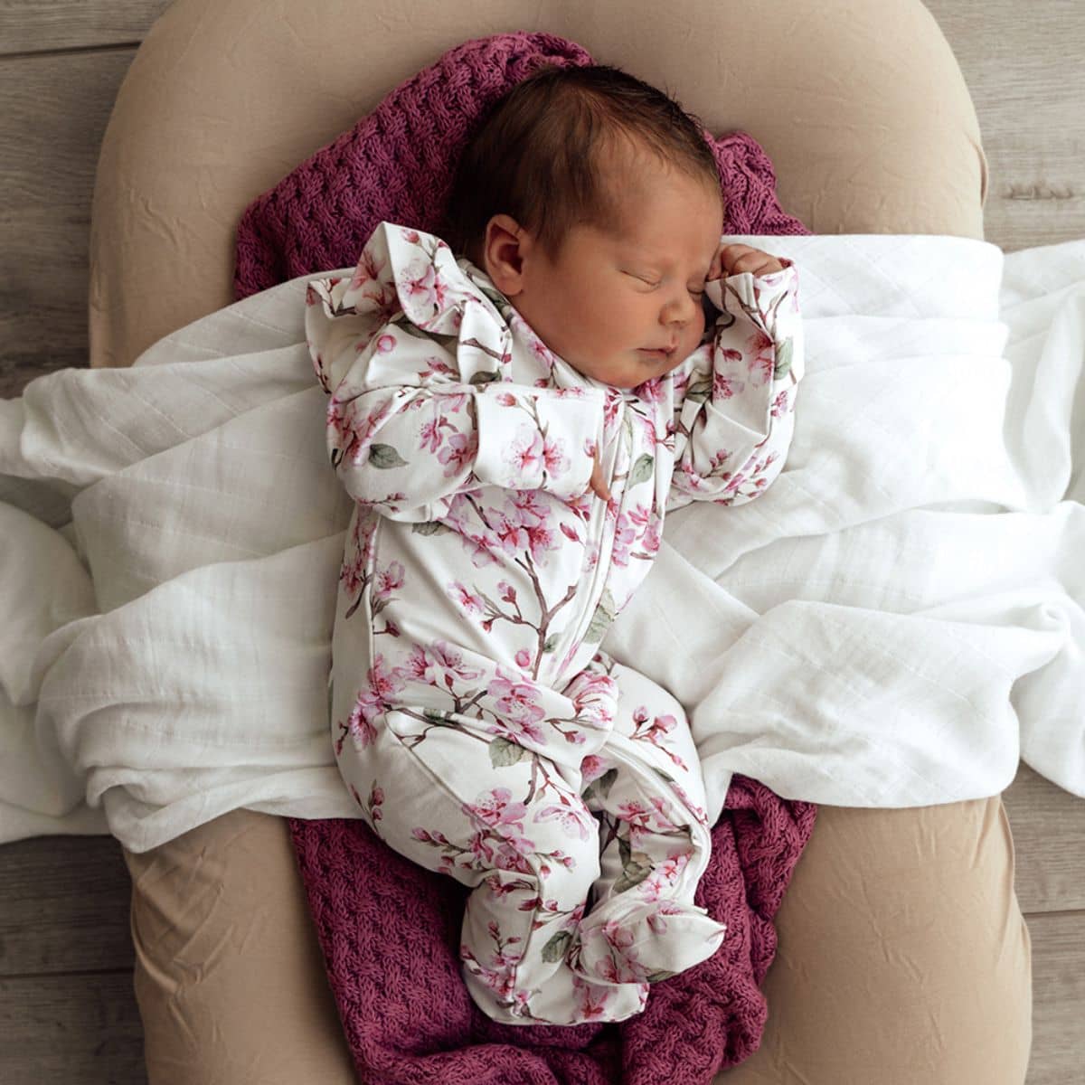 Snuggle Hunny Snuggle Sleepsuit Zip Footie with Frill - Cherry Blossom Organic