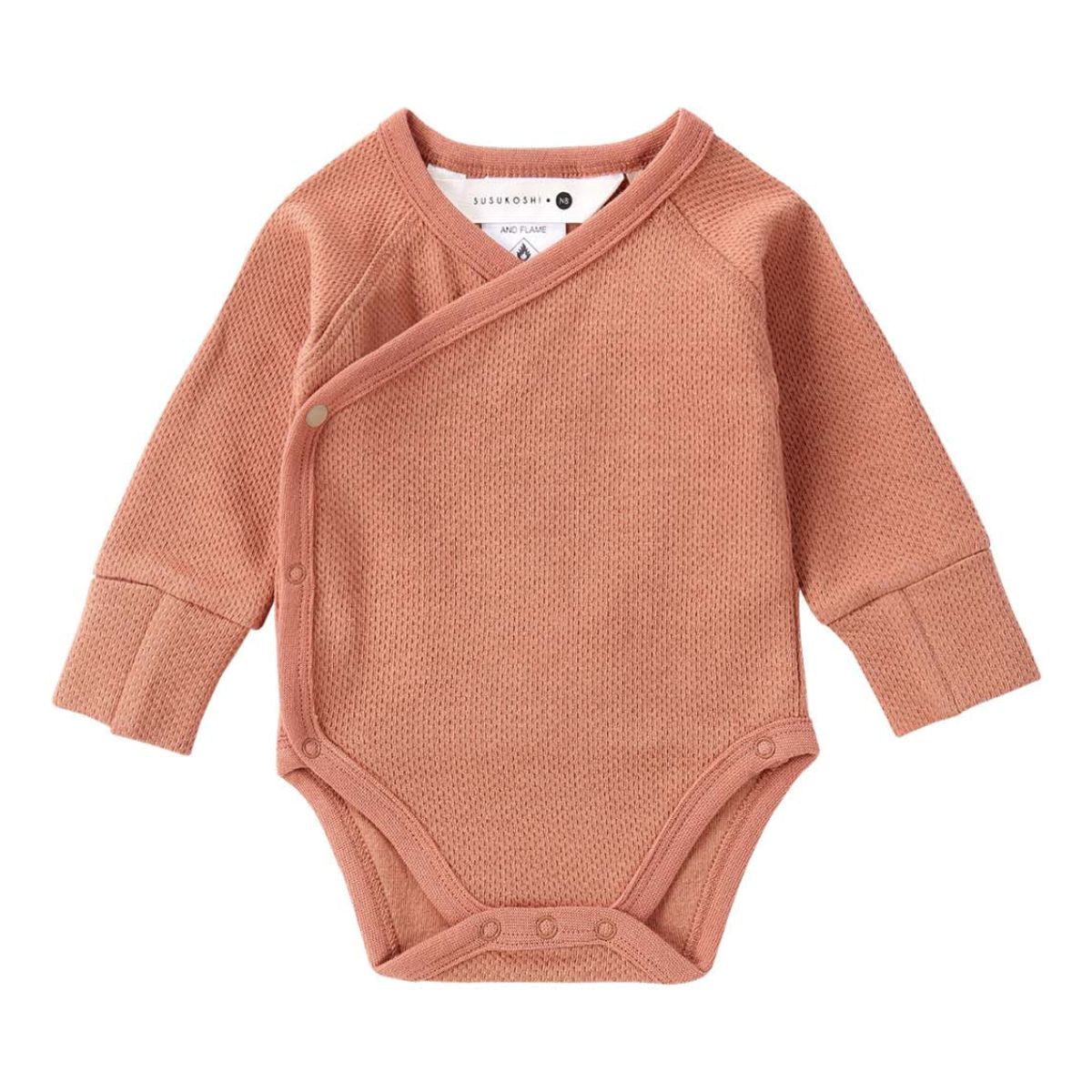 Susukoshi Organic Kimono Long Sleeve Bodysuit - Terracotta Pointelle