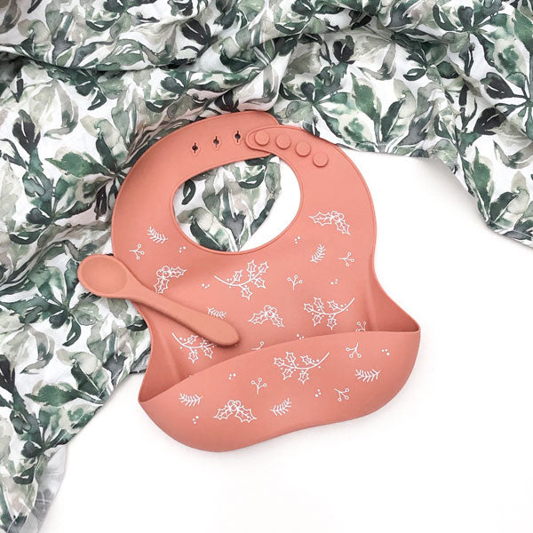 One.Chew.Three Silicone Catch Bib and Spoon Set - Spice